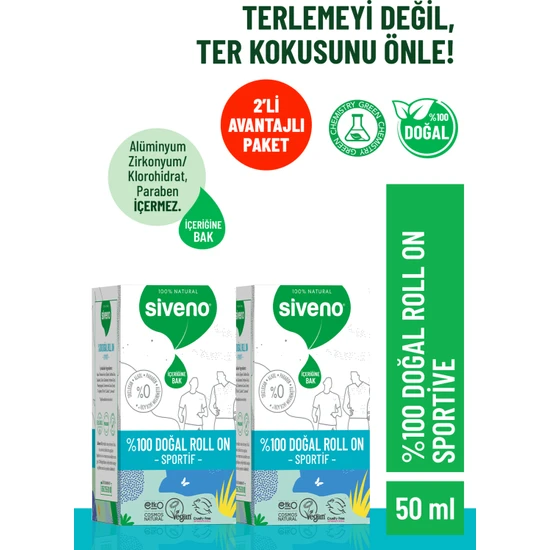 Siveno %100 Doğal Roll-On Sportif Sporcu Deodorant Ter Kokusu Önleyici Bitkisel Lekesiz Vegan 50 ml X 2 Adet