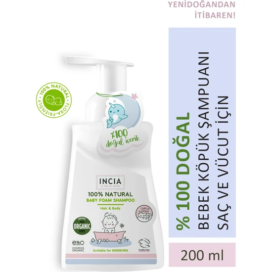 INCIA %100 Doğal Organik Sertifikalı Bebek Köpük Şampuanı Saç Vücut Lavanta Konak Önleyici Yenidoğan 200 ml