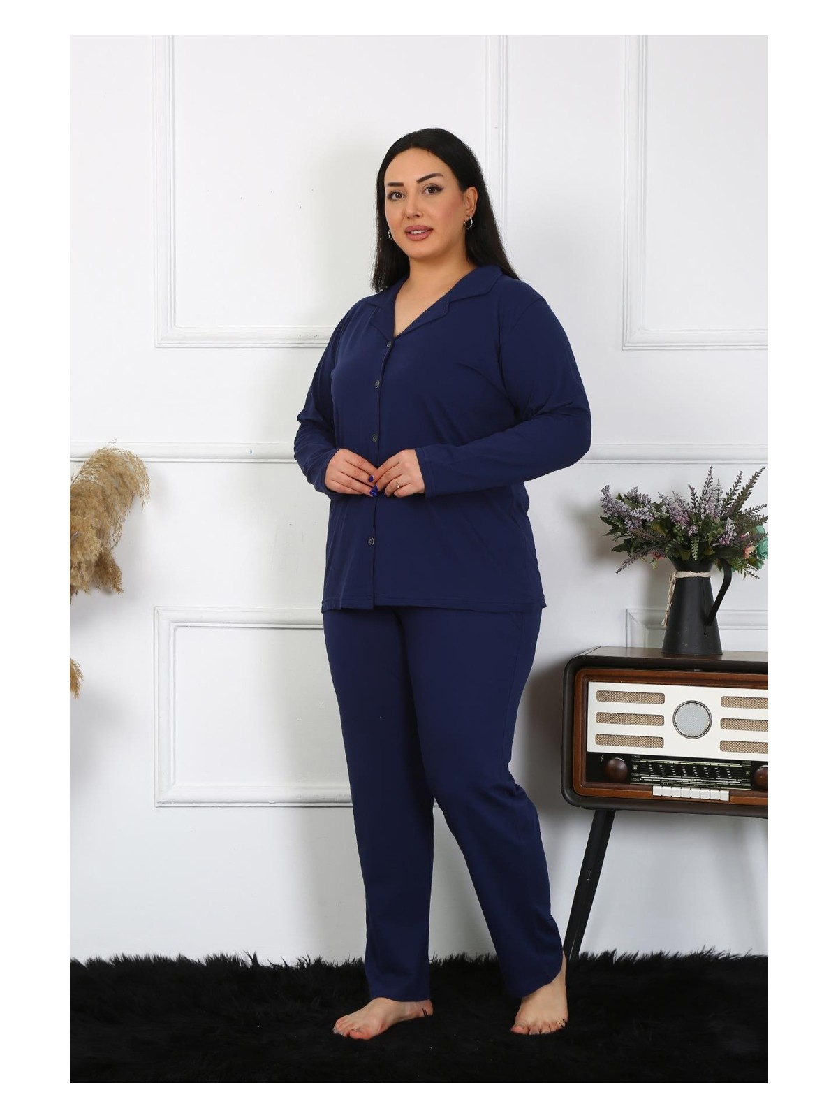 Akbeniz Kadın Büyük Beden Pamuklu Cepli Düğmeli Lacivert Pijama Takım 202401