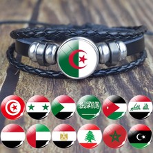 Qiuhong Shop Somali Arap Ülkeleri Bayrağı Siyah Çok Katmanlı Örgülü Bilezikler Suudi Arabistan Filistin Cezayir Mısır Bayrağı Deri Bilezik Seyahat Hediyesi (Yurt Dışından)