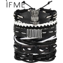Qiuhong Shop FDY1184 Benim Moda Charms Çoklu Katmanlar Baykuş Deri Bilezik Erkekler Vintage Klasik Halat Zincir Wrap Kol Bilezik Seti Erkek Takı 2018 (Yurt Dışından)
