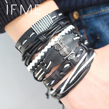 Qiuhong Shop FDY1184 Benim Moda Charms Çoklu Katmanlar Baykuş Deri Bilezik Erkekler Vintage Klasik Halat Zincir Wrap Kol Bilezik Seti Erkek Takı 2018 (Yurt Dışından)