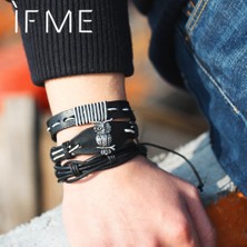 Qiuhong Shop FDY1184 Benim Moda Charms Çoklu Katmanlar Baykuş Deri Bilezik Erkekler Vintage Klasik Halat Zincir Wrap Kol Bilezik Seti Erkek Takı 2018 (Yurt Dışından)