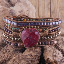 Qiuhong Shop 90CM Tarzı Çok Kırmızı Rh Moda Handma Boho Bilezik Karışık Doğal Taşlar Kalp Charm 5 Strands Wrap Bilezikler Kadınlar Hediye (Yurt Dışından)