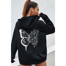 Medinenur Unisex Siyah Kelebek Baskılı Kapüşonlu Sweatshirt