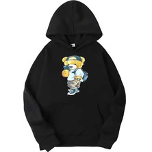 Medinenur Siyah Peluş Ayı Baskılı Kapüşonlu Sweatshirt