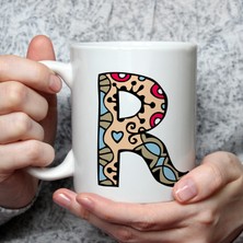 Mor Mürekkep Etnik R Harf Baskılı Beyaz Kupa