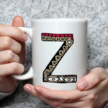 Mor Mürekkep Etnik Z Harf Baskılı Beyaz Kupa