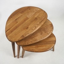 Furni Treasure Ercol Style Masif Gerçek Kestane Ağacı Zigon Orta Sehpa Takımı, Oturma Odası Mobilya, Zigon 3^lü Set