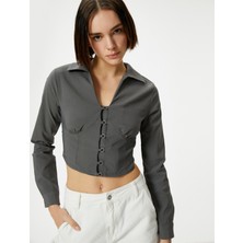 Koton Gömlek Yaka Crop Bluz Slim Fit Uzun Kollu Korse Görünümlü
