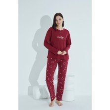 Waynap Kadın Düğmeli Desenli Pijama Takımı Yazılı Waynap 960