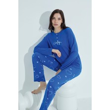 Waynap Kadın Düğmeli Desenli Pijama Takımı Yazılı Waynap 960