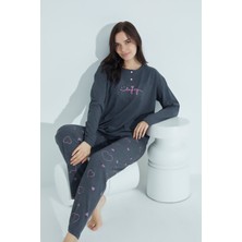 Waynap Kadın Düğmeli Desenli Pijama Takımı Yazılı Waynap 960