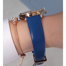 Daniel Klein Rose Gold Kasa Mavi Deri Kayışlı Kadın Kol Saati, Zirkon Taşlı Bileklik Hediyeli