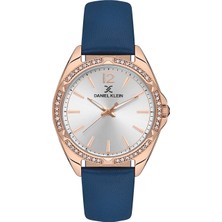 Daniel Klein Rose Gold Kasa Mavi Deri Kayışlı Kadın Kol Saati, Zirkon Taşlı Bileklik Hediyeli