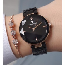 Daniel Klein Kesme Camlı Çelik Bilezik Siyah/rose Gold Kadın Kol Saati - Zirkon Taşlı Bileklik Hediyeli