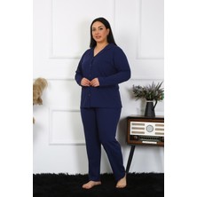 Akbeniz Kadın Büyük Beden Pamuklu Cepli Düğmeli Lacivert Pijama Takım 202401