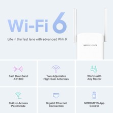 Mercusys ME60X, AX1500 Mbps, 1 Gigabit Bağlantı Noktası ve 2 Harici Anten, Dahili Access Point Modu, Tek Tuşla Kolay Kurulum, Mobil Uygulama Desteği, Dual-Band Wi-Fi 6 Menzil Genişletici