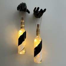 Mes Reves Design Siyah Heykel El Dekorlu Pilli Led Işıklı Siyah Vitray Cam Şarap Şişesi Aplik 2'Li Set Cafe Bahçe Ev Dekoru