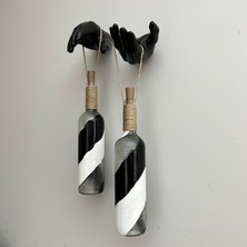 Mes Reves Design Siyah Heykel El Dekorlu Pilli Led Işıklı Siyah Vitray Cam Şarap Şişesi Aplik 2'Li Set Cafe Bahçe Ev Dekoru