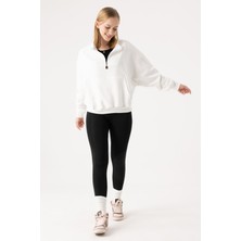Gothamvibes Kadın Beyaz Fermuarlı Oversize Sweatshirt