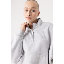 Gothamvibes Kadın Gri Fermuarlı Oversize Sweatshirt