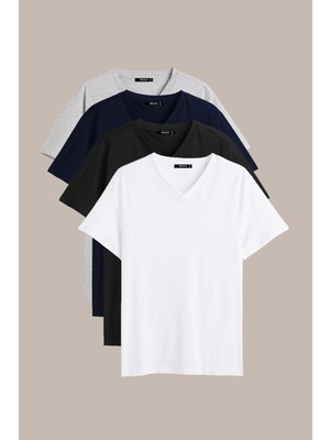 Mmetalic Erkek Çok Renkli T- Shirt Regular Fit Rahat Kesim V Yaka 4'lü Basic Tişört Paketi