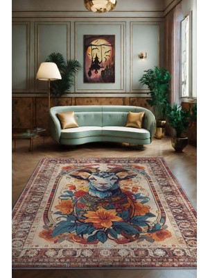 Homshtag Nuh'un Gemisi Koleksiyonu Keçi Çiçek Desenli Temalı Vintage Renkli Maksimalist Halı