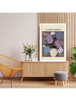 Tekli Ahşap Lamine Çerçeveli Mdf Tablo Vazoda Lila Çiçekler