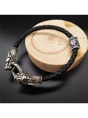 Qiuhong Shop 21CM Tarzı Güneş Gümüşü Vikingos Runes Boncuk Diy Charm Kurt Kafası Viking Bileklik Deri Erkek Bileklik 2021 (Yurt Dışından)