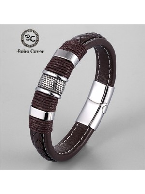 Qiuhong Shop 23CM Tarzı Altın Siyah Moda Blackbrown Örgü Halat Hakiki Deri Bilezik Paslanmaz Çelik Wrap Charm Bilezik Erkek Kadın Punk Lüks Takı Homme (Yurt Dışından)