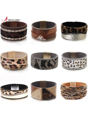 Qiuhong Shop E1580277P-003 Amorcome Deri Leopar Baskı Yılan Derisi Wrap Bilezikler Kadınlar Için Hediyeler Takı Bohemia Manyetik Toka Bileklik Kadın Bileklik (Yurt Dışından)