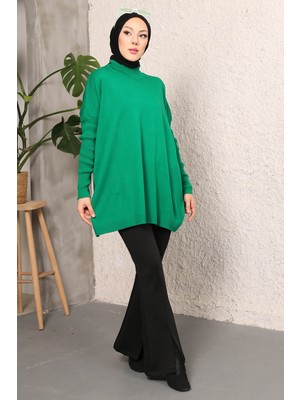 İmaj Butik Yeşil Balıkçı Yaka Merserize Salaş Triko Tunik