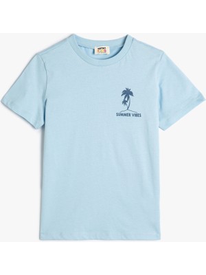 Koton Tişört Bisiklet Yaka Kısa Kollu Palmiye Baskılı Pamuklu