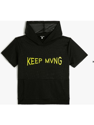 Koton Kapüşonlu File Tişört Spor Kısa Kollu Kanguru Cepli Baskılı