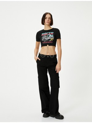 Koton Crop Tişört Zincir Detaylı Baskılı Kısa Kollu Bisiklet Yaka