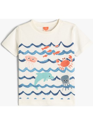 Koton Kısa Kollu Tişört Marin Temalı Baskılı Bisiklet Yaka