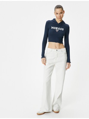 Koton Crop Kapüşonlu Tişört Uzun Kollu Baskılı Ribanalı Pamuklu