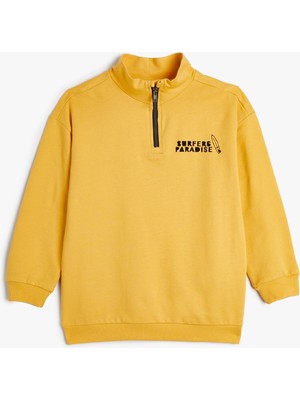 Koton Sweatshirt Dik Yaka Sörf Baskılı Yarım Fermuar Pamuklu