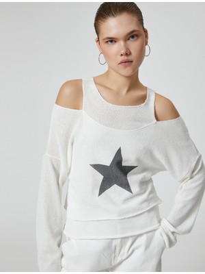 Koton Pencere Detaylı T-Shirt Bisiklet Yaka Uzun Kollu Yıldız Baskılı