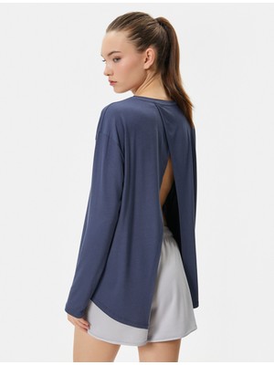 Koton Spor T-Shirt Arkası Yırtmaç Detaylı Uzun Kollu Bisiklet Yaka Viskoz Kumaş