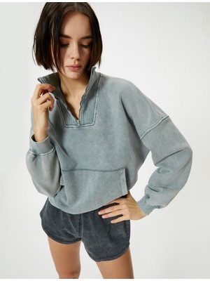 Koton Yarım Fermuarlı Sweatshirt Dik Yaka Kanguru Cepli Soluk Efektli