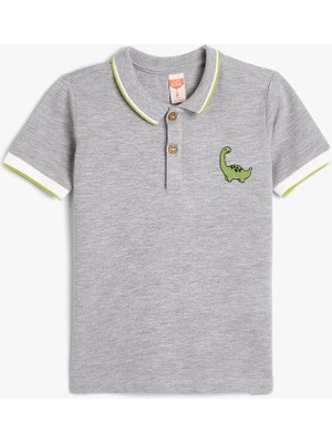 Koton Polo Yaka T-Shirt Kısa Kollu Dinozor Işleme Detaylı Düğmeli