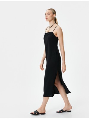 Koton Keten Karışımlı Elbise Midi Boy Askılı Boncuk Detaylı Slim Fit