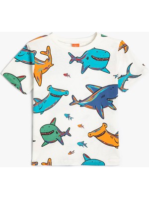 Koton Erkek Çocuk Kısa Kollu Pamuklu T-Shirt Köpek Balığı Baskılı Günlük Stil