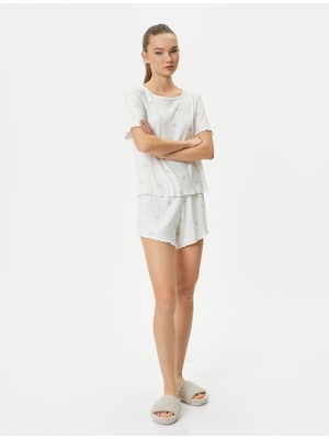 Koton Şortlu Pijama Takımı Kısa Kollu Bisiklet Yaka Çiçekli