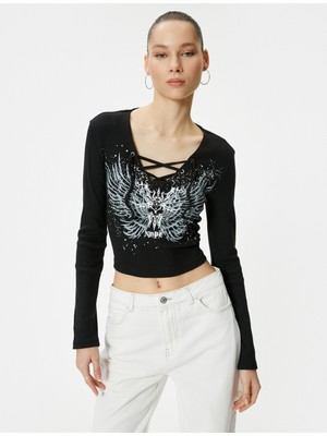 Koton Bağlamalı Yaka T-Shirt Crop Baskılı Uzun Kollu Pamuklu