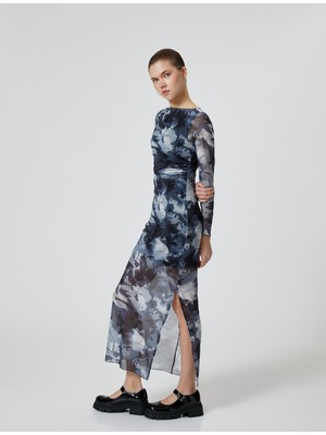 Koton Tül Kalem Elbise Soyut Desenli Uzun Kollu Yuvarlak Yaka Astarlı