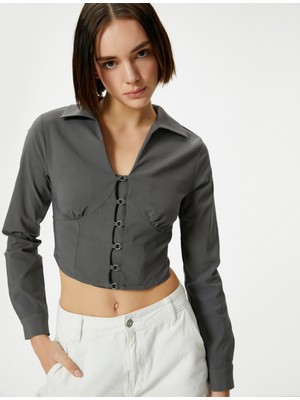 Koton Gömlek Yaka Crop Bluz Slim Fit Uzun Kollu Korse Görünümlü