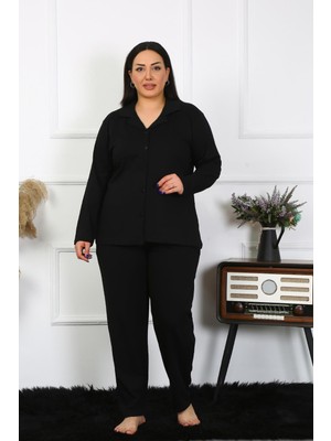 Akbeniz Kadın Büyük Beden Cepli Düğmeli Siyah Pijama Takım 202401